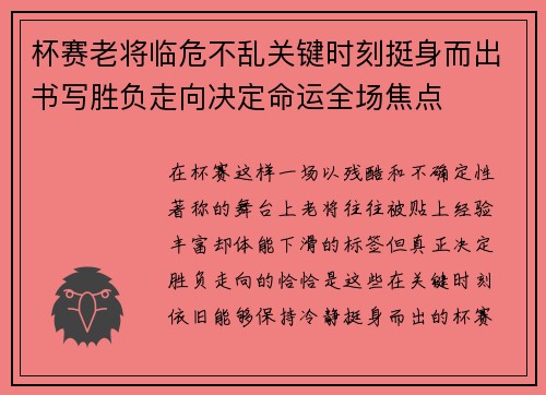 杯赛老将临危不乱关键时刻挺身而出书写胜负走向决定命运全场焦点